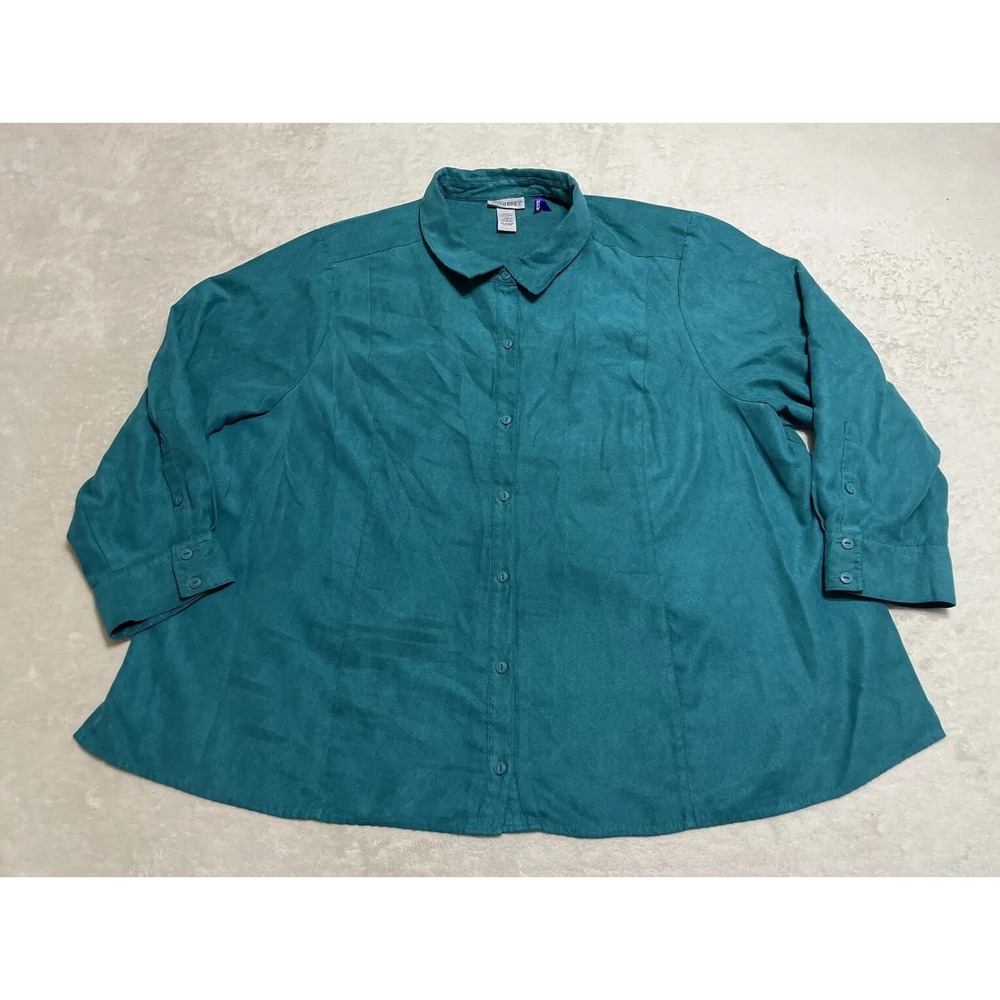Catherine's Top Women's Size 3XWP Petite Green Blue Long Sleeve Button Up Shirt